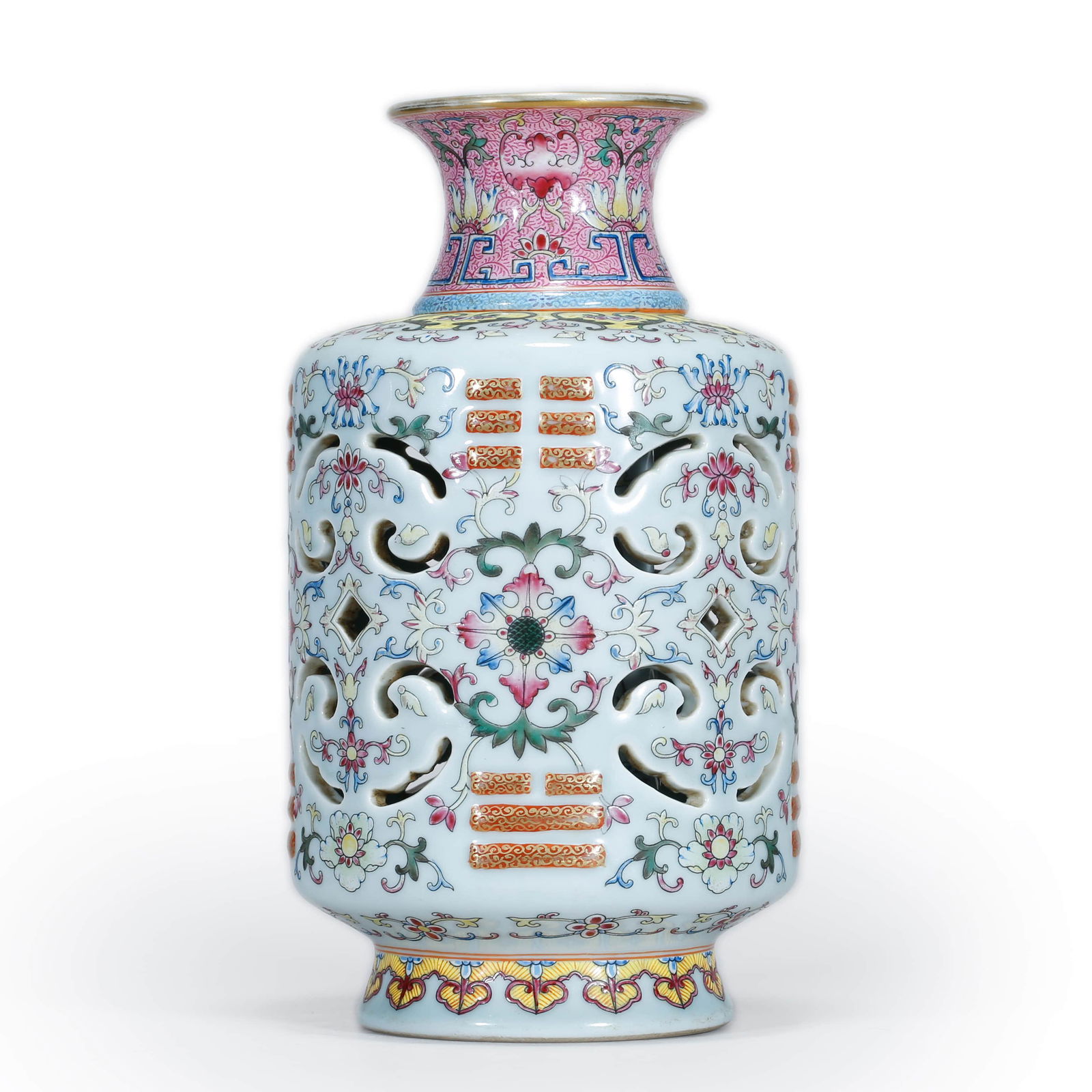 Famille Rose Eight Diagrams Floral Vase: Famille Rose Eight Diagrams Floral Vase Height:23.5cm. Diam.12.5cm. Provenance: Acquired from Chinese Antique Shop released out around late Qing Dynasty. Qianlong official mark and antique shop sticke