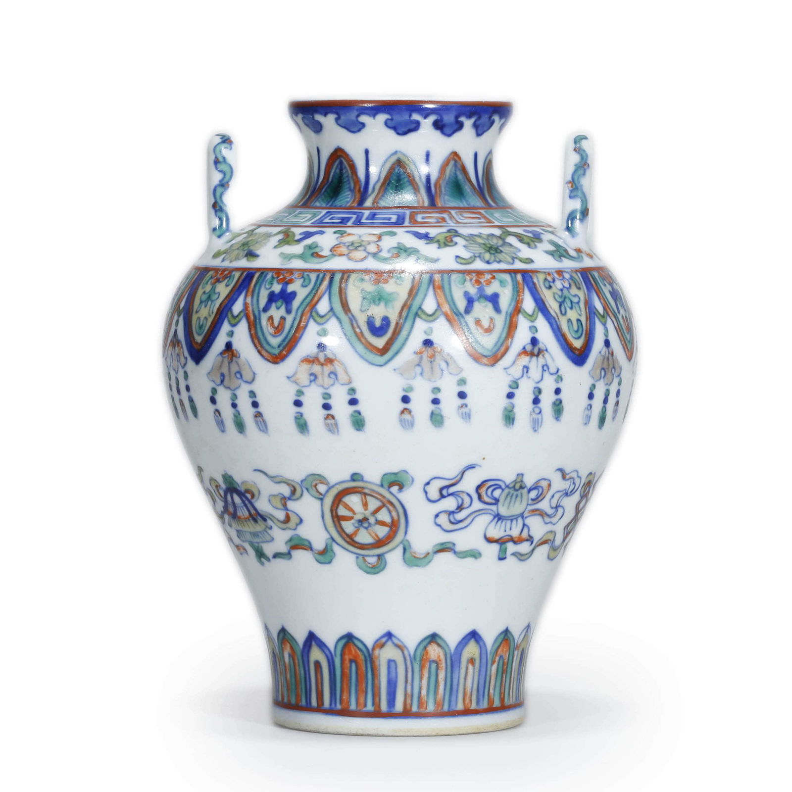 Doucai Double-Ears Jar: Doucai Double-Ears Jar Width:10.5cm.Height:14cm. Provenance: Acquired from Chinese Antique Shop released out around late Qing Dynasty. Qianlong official Mark and antique store sticker visible. Doucai