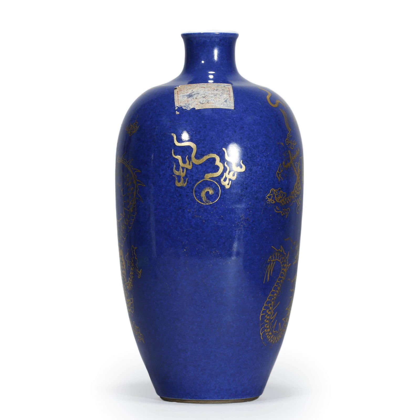 Blue Glaze Gold-Decorated Vase: Blue Glaze Gold-Decorated Vase Width:12.5cm.Height:24.5cm. Provenance: Acquired from Chinese Antique Shop released out around late Qing Dynasty. Of small, rimed mouth, short neck, broad shoulder taper