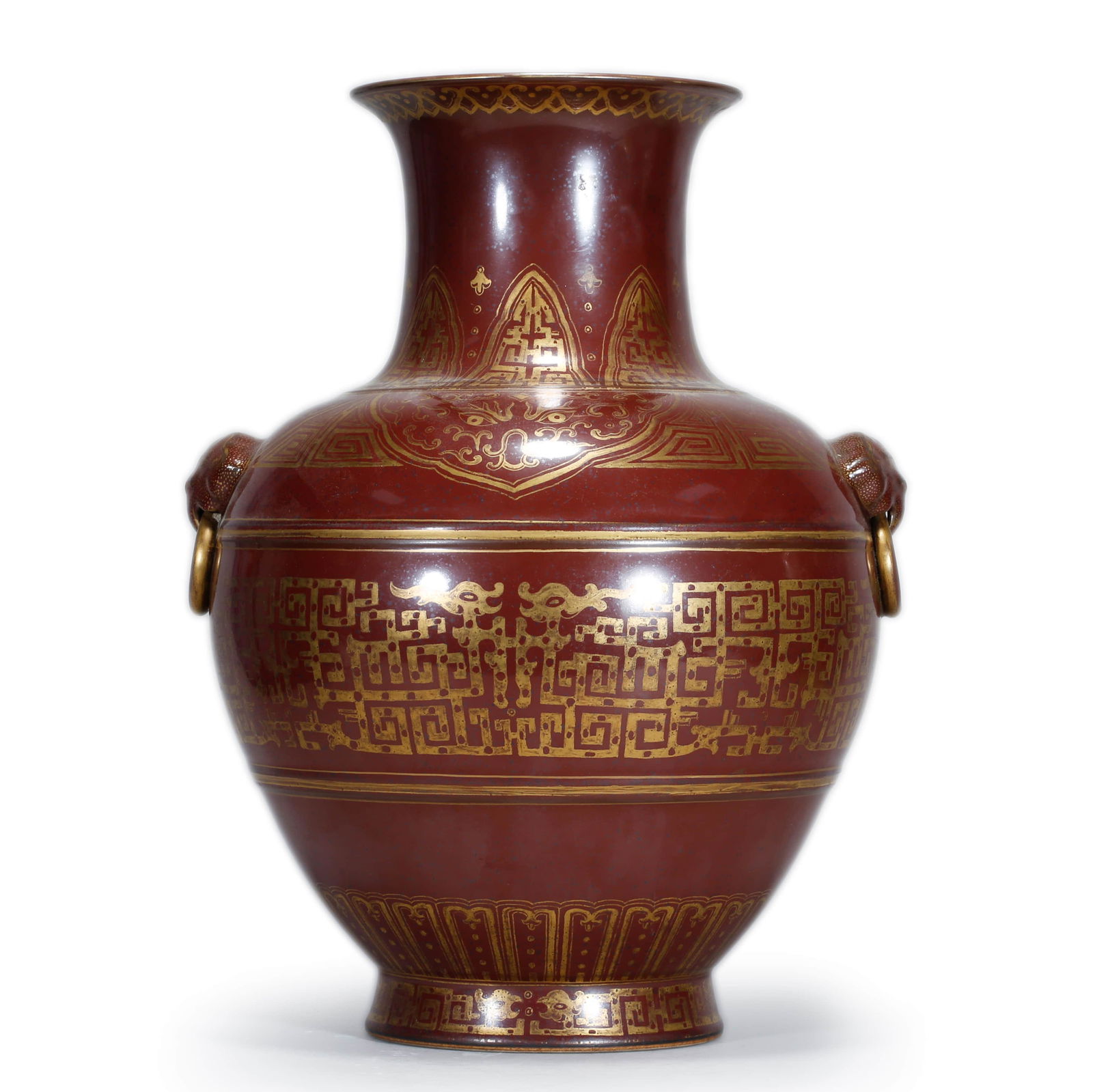 Aubergine Glaze Gold-Decorated Zun: Aubergine Glaze Gold-Decorated Zun Height:42.5cm. Width:31cm. Provenance: Acquired from Chinese Antique Shop released out around late Qing Dynasty. Aubergine glaze vase is decorated with gold painted