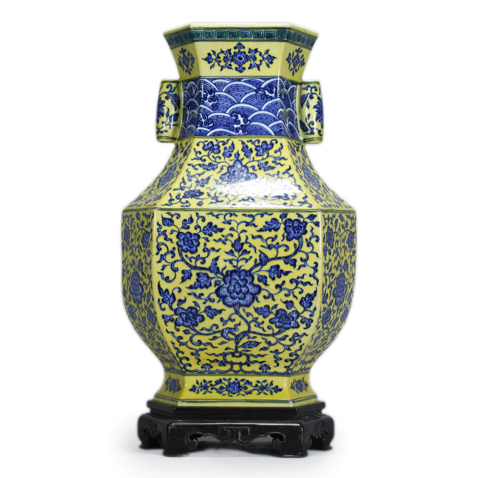 Yellow Ground Blue And White Floral Vase: Yellow Ground Blue And White Floral Vase Height:44.5cm. Width:28cm. Provenance: Acquired from Chinese Antique Shop released out around late Qing Dynasty. Qianlong official mark, sold by antique shop w
