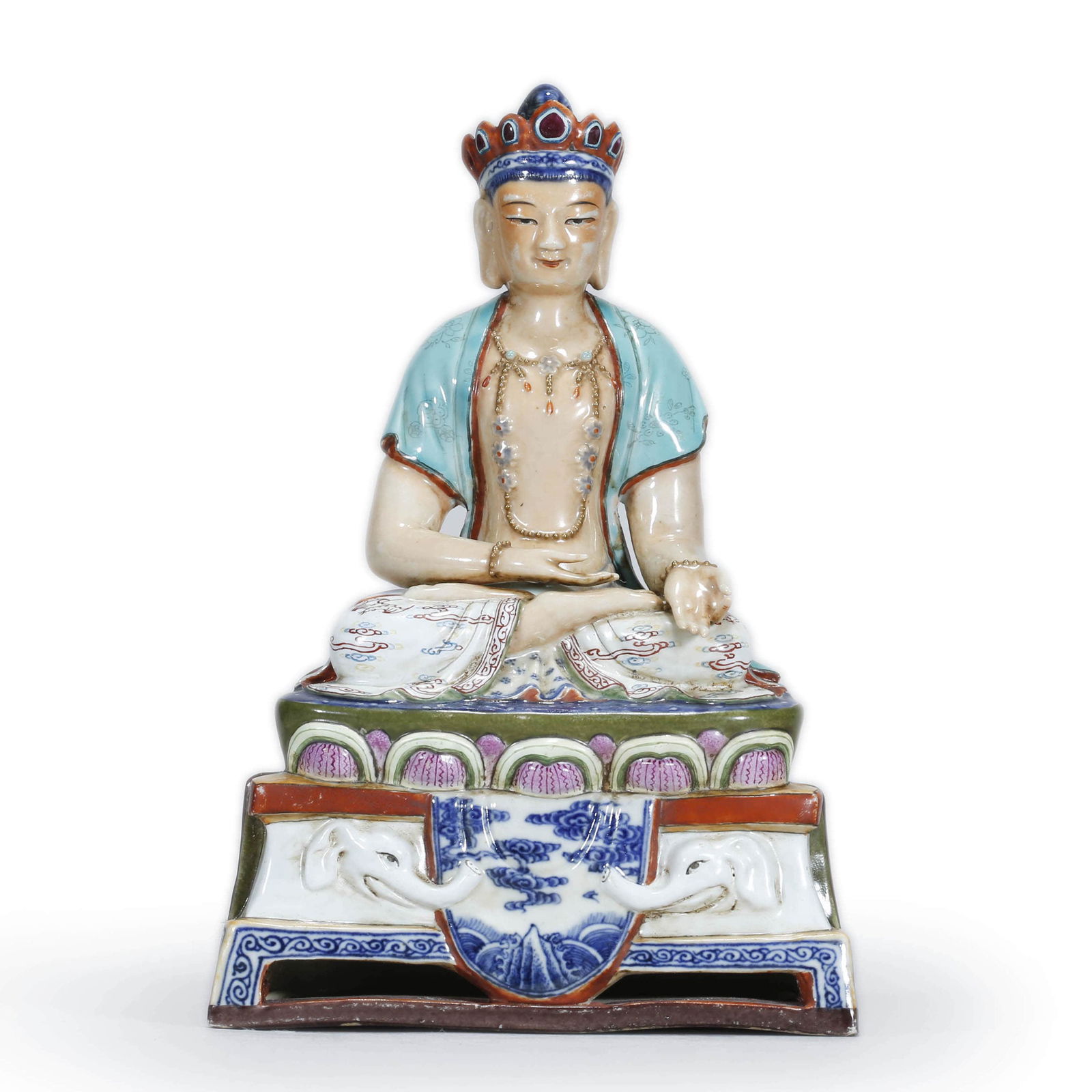 Famille Rose Figure Of Buddha: Famille Rose Figure Of Buddha Width:12.5cm.Height:19cm. Provenance: Acquired from Chinese Antique Shop released out around late Qing Dynasty. Famille rose glazed figure of Buddha, crowned, robed and s