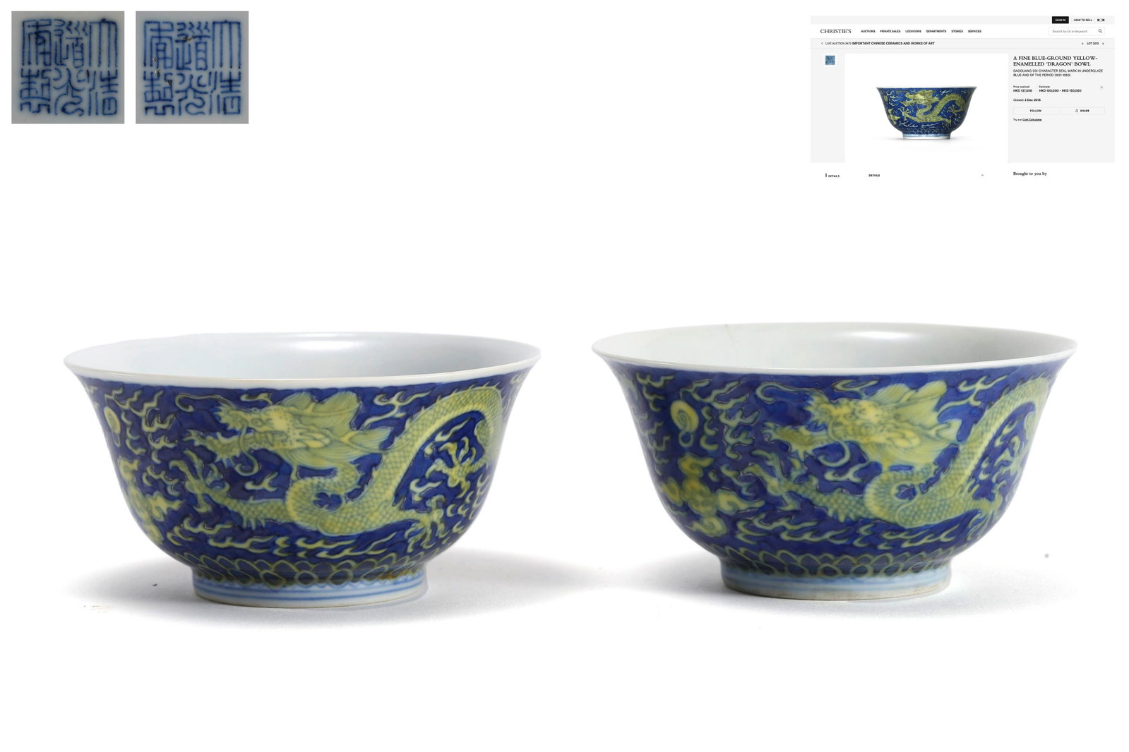 A Pair Of Blue-Ground Green Glaze Dragon Bowls: A Pair Of Blue-Ground Green Glaze Dragon Bowls 4 1/8 in. (10.5 cm.) diam. Daoguang Six-Character Mark. Auction Result Comparsion: Compare a close related lot, at Christieâ€™s Hong Kong IMPORTANT 