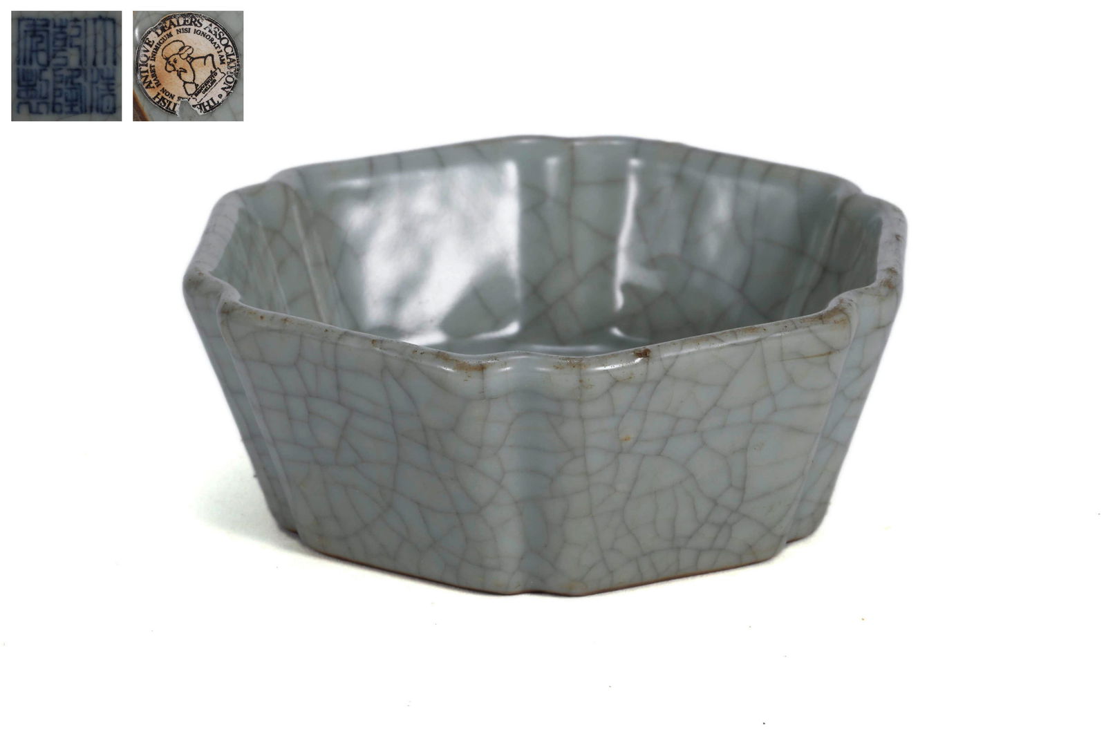 A Ge Type Hexagonal Brush Washer: A Ge Type Hexagonal Brush Washer 4 in. (10 cm.) diam. Qianlong Six-Character Mark. Provenance: Formerly in the collection of British Antique Dealer Association.