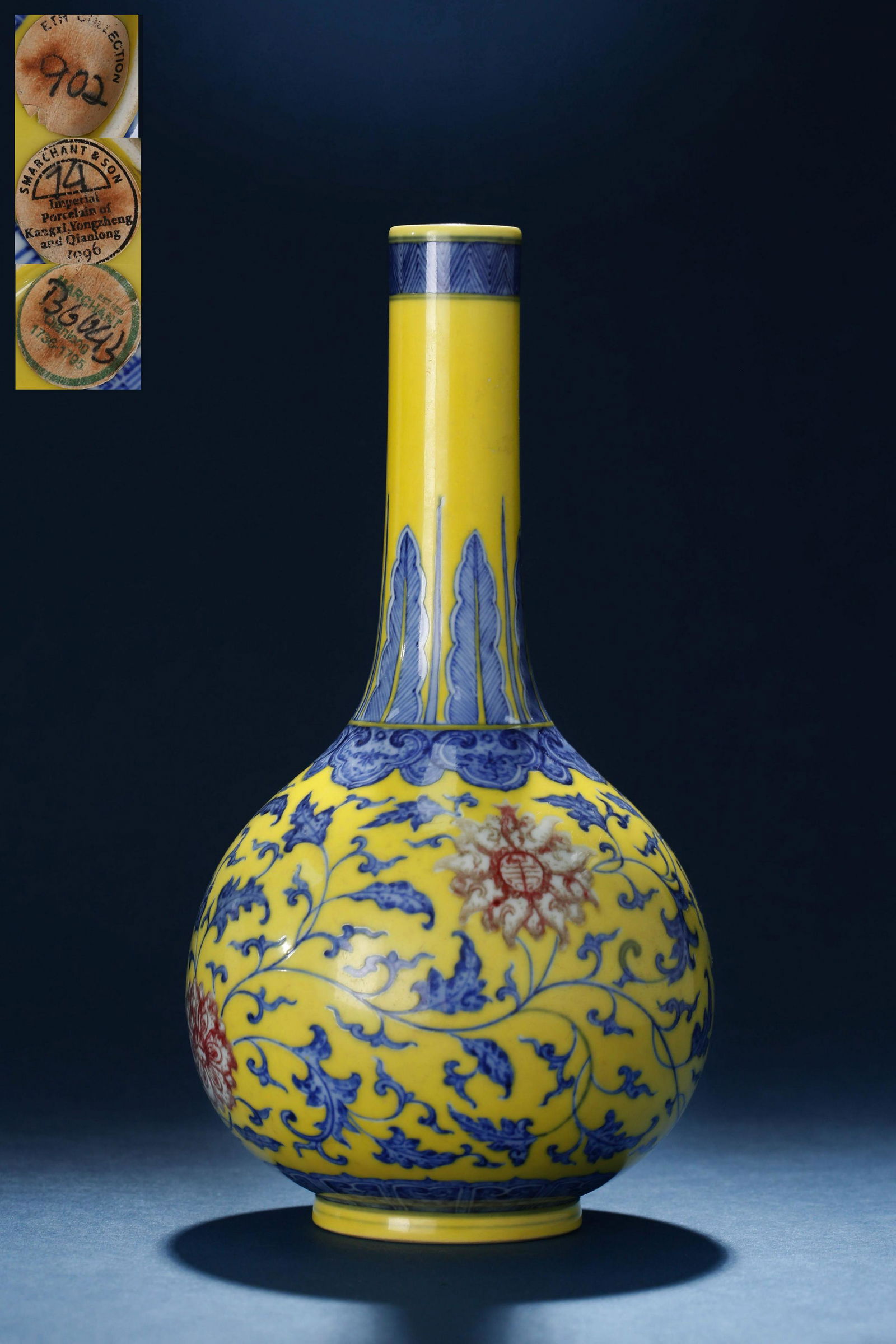 A Yellow Ground And Underglaze Blue Lotus Bottle Vase,  Yongzheng Six-Character Mark (1 of 11)
