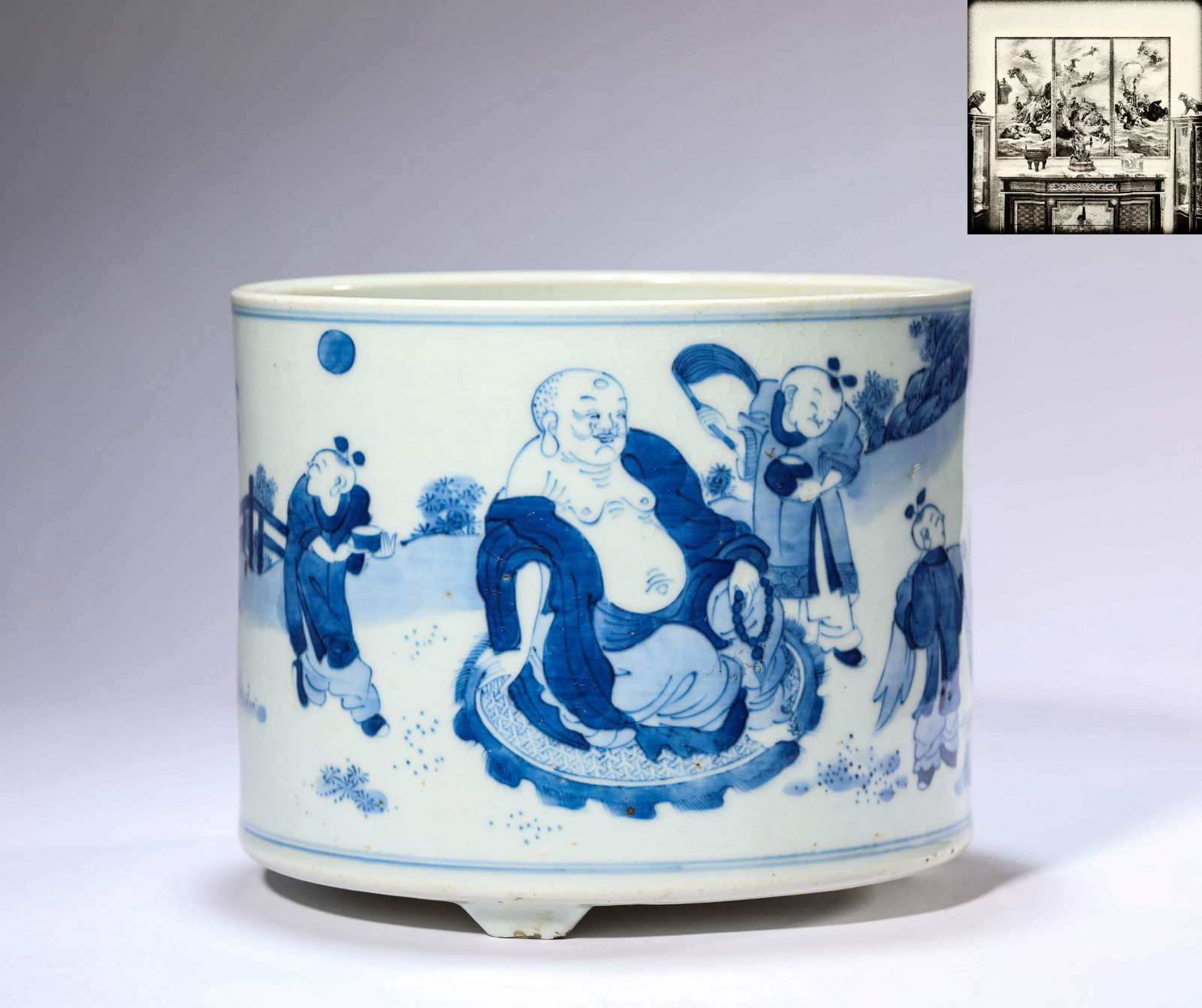 A Blue And White Boys Playing Figure Of 'Budai Monk' Brush Pot (1 of 7)
