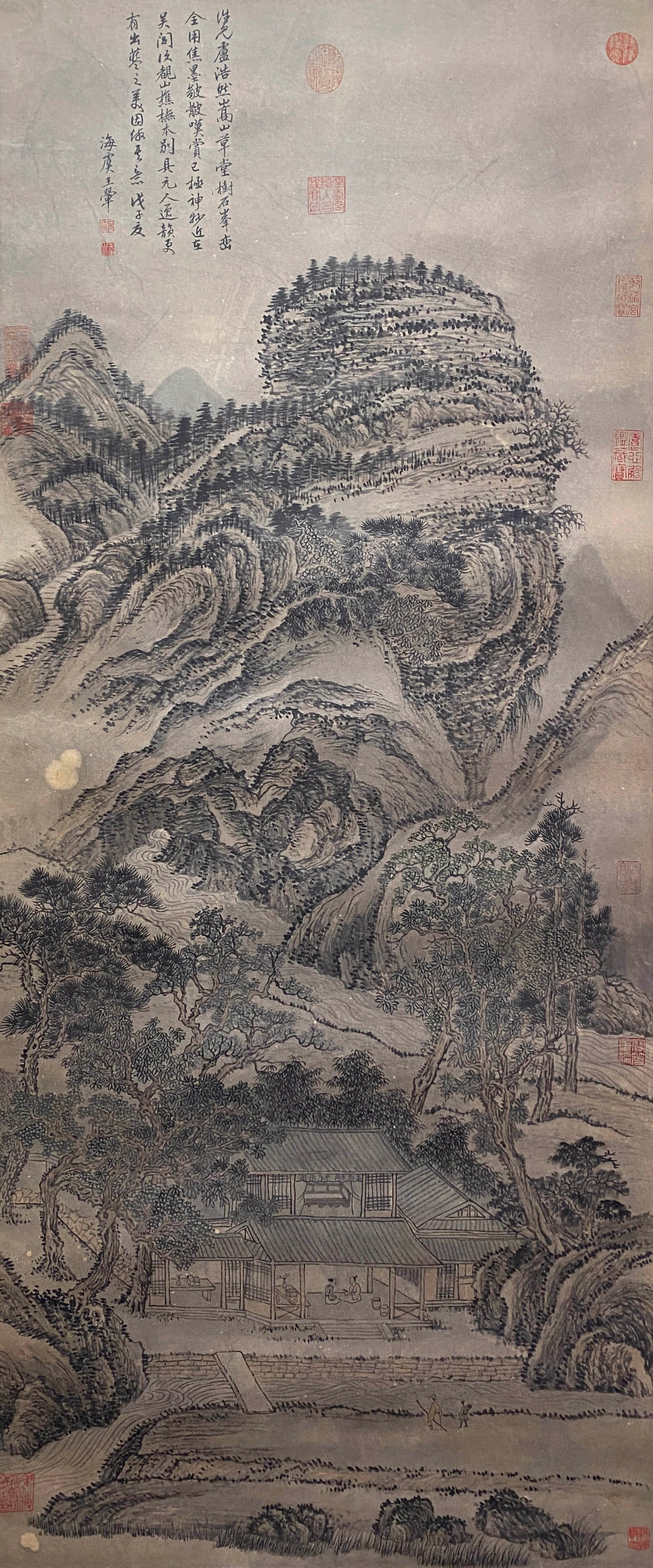 A CHINESE LANDSCAPE PAINTING, INK AND COLOR ON PAPER, HANGING SCROLL, WANG HUI MARK: A CHINESE LANDSCAPE PAINTING, INK AND COLOR ON PAPER, HANGING SCROLL, WANG HUI MARK 139x58cm, Any condition statement is given as a courtesy to a client, is only an opinion and should not be treated a