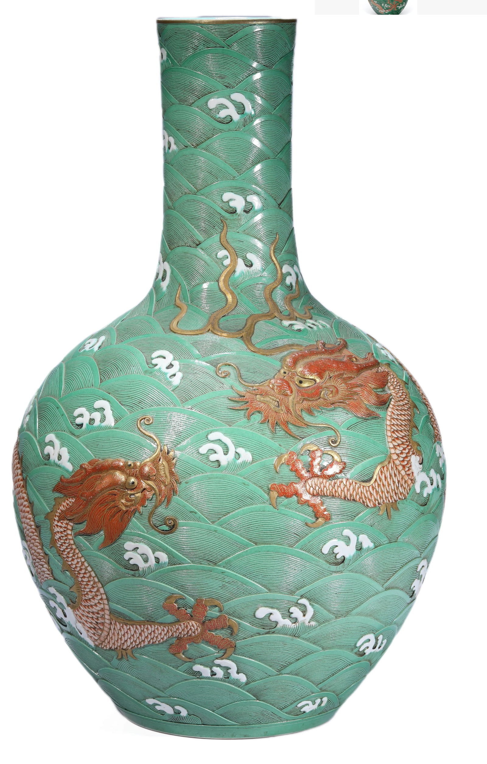 A Gilt-Decorated Green-Ground Dragon Vase, Tianqiuping: A Gilt-Decorated Green-Ground Dragon Vase, Tianqiuping Width: 35.2 cm, Height: 57.3 cm, Provenance: Formerly in the collection of British Antique Dealer Association. Condition: Overall good condition