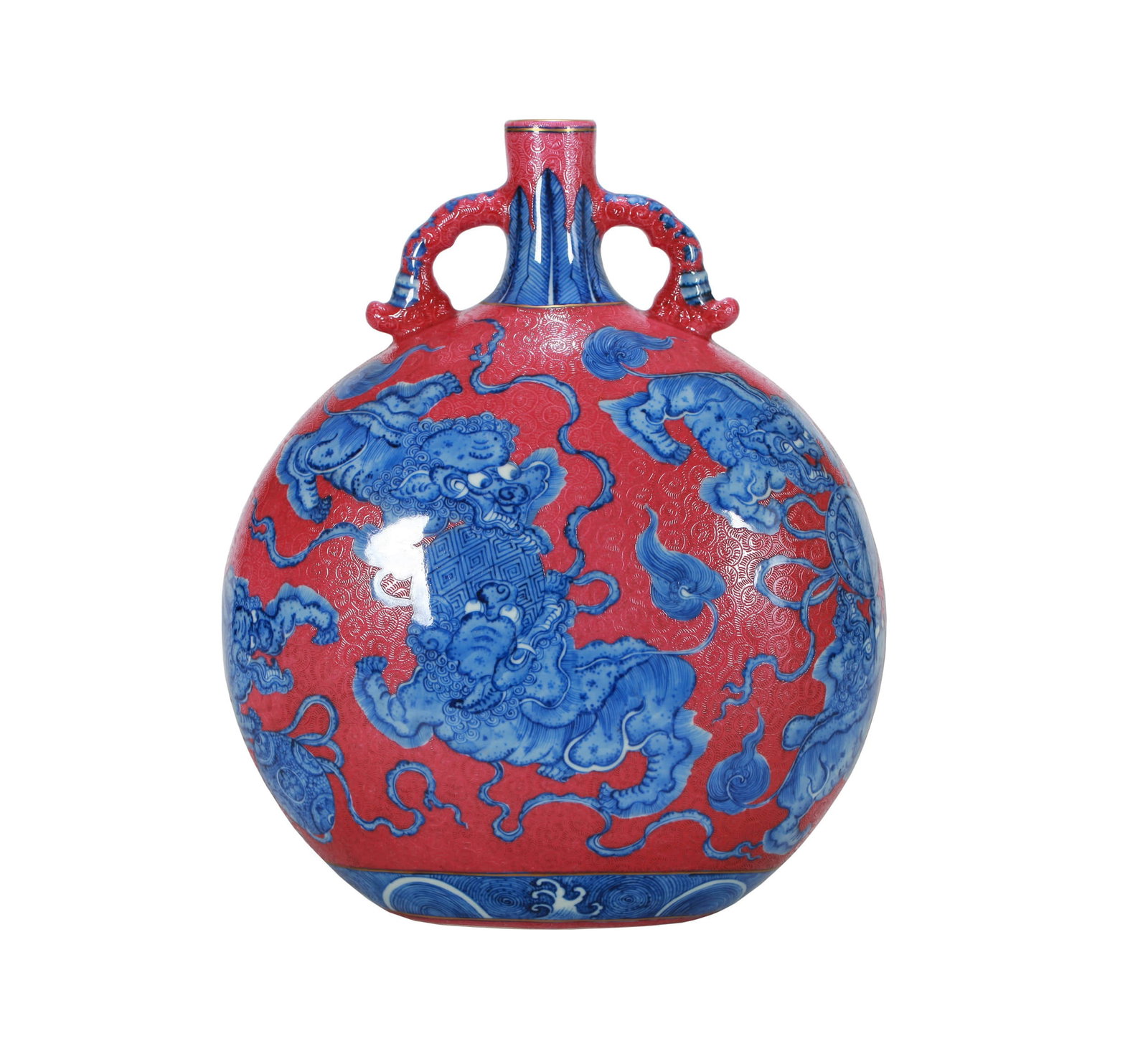 A ROUGE RED-GROUND BLUE AND WHITE LION MOON FLASK: A ROUGE RED-GROUND BLUE AND WHITE LION MOON FLASK Height: 30cm Condition: Any condition statement is given as a courtesy to a client, is only an opinion and should not be treated as a statement of fac