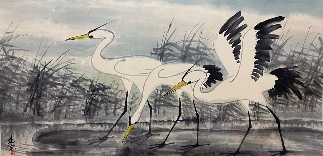 LIN FENGMIAN (1900-1991), ATTRIBUTED TO, CRANES: LIN FENGMIAN (1900-1991), ATTRIBUTED TO, CRANES Ink and color on paper, mounted Dimension: 67×137cm All measurements are approximate. Any condition statement is given as a courtesy to a client, is on