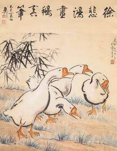 XU BEIHONG (1895-1953), ATTRIBUTED TO, GEESE: XU BEIHONG (1895-1953), ATTRIBUTED TO, GEESE Ink and color on paper, hanging scroll Dimension: 60 cm (23 5/8 in.) x 60 cm (23 5/8 in.) All measurements are approximate. Condition: Creases and stains.A