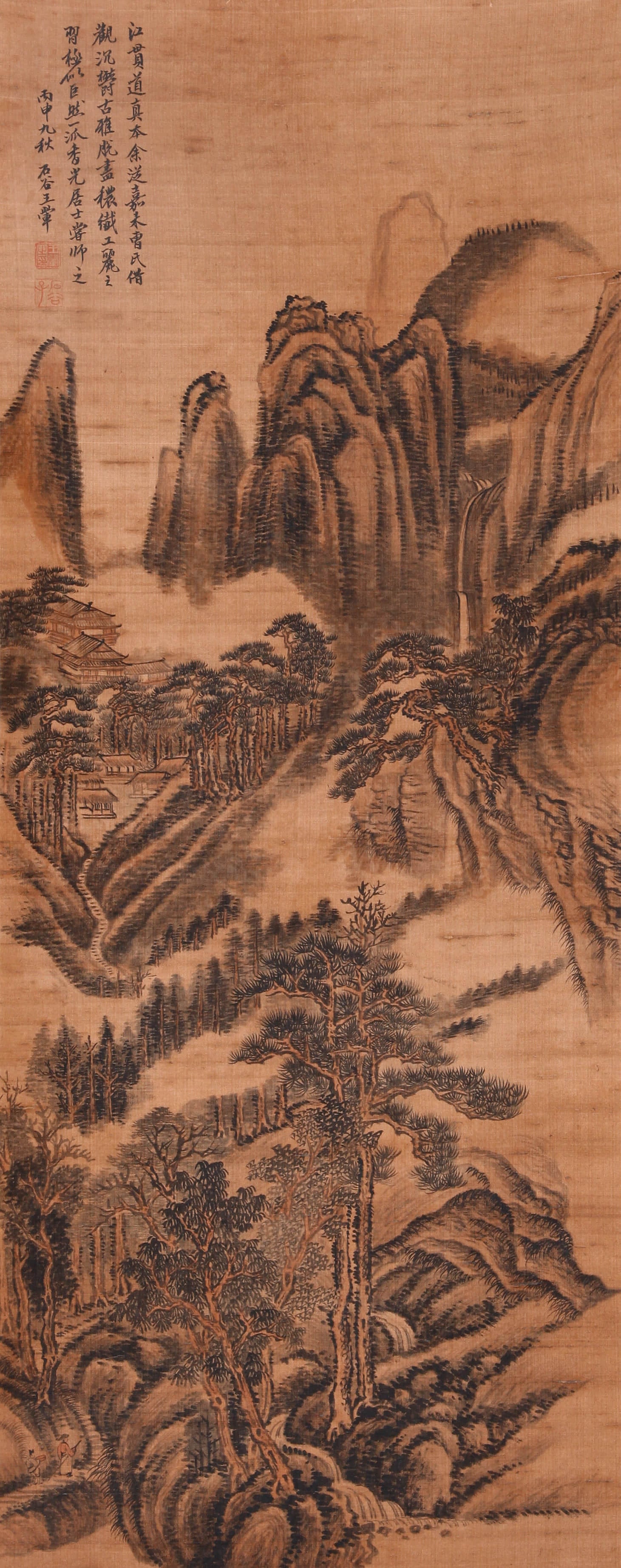 LANDSCAPE, INK AND COLOR ON PAPER, WANG HUI: LANDSCAPE, INK AND COLOR ON PAPER, WANG HUI Dimensions: 97x38cm, All measurements are approximate. By Repute?Giuseppe Ros’s private collection Condition: Any condition statement is given as a courte