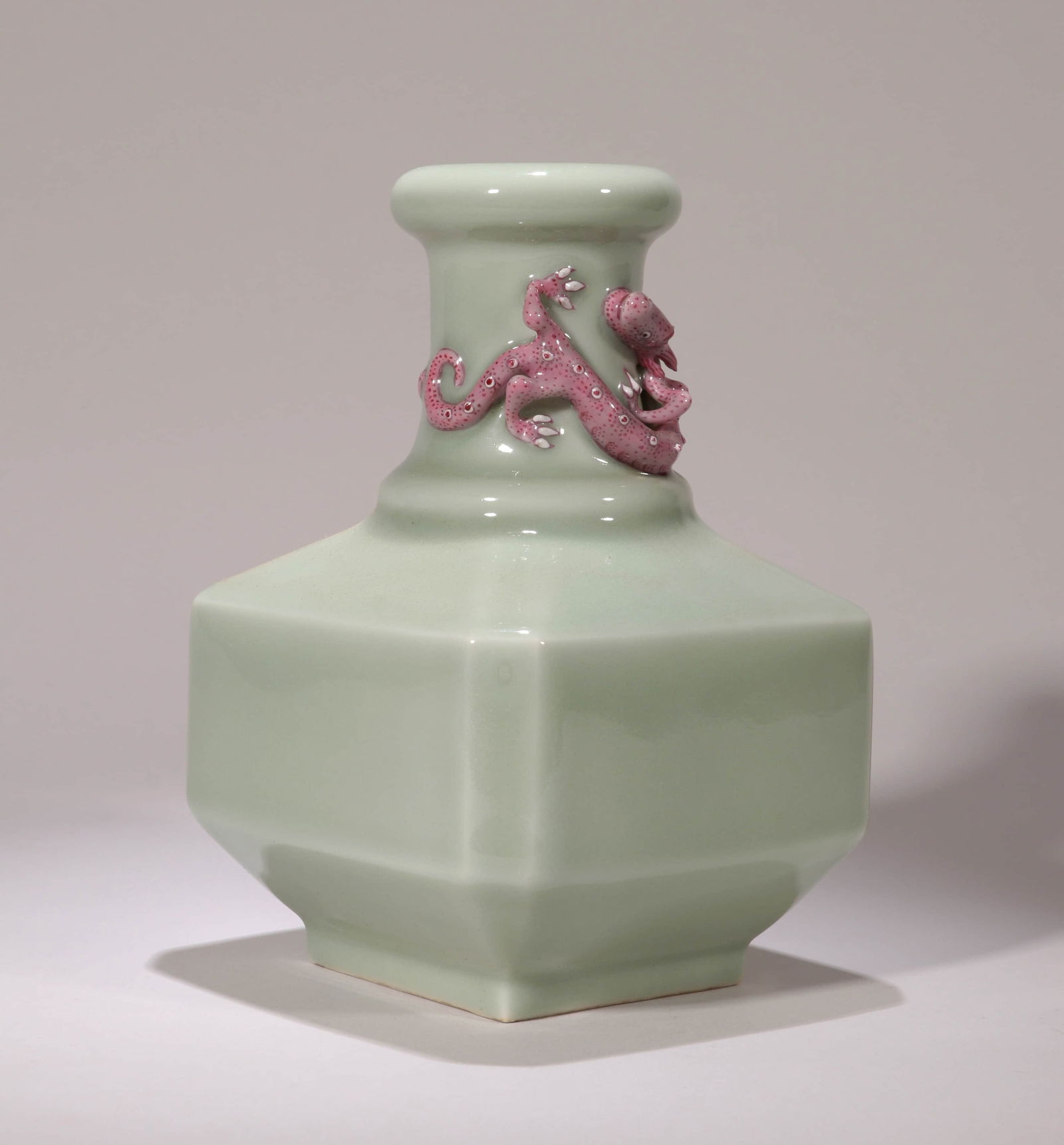 A CELADON CHILONG SQUARE VASE: A CELADON CHILONG SQUARE VASE Dimensions: Height: 18cm, All measurements are approximate. By Repute?Giuseppe Ros’s private collection Condition: Any condition statement is given as a courtesy to a c