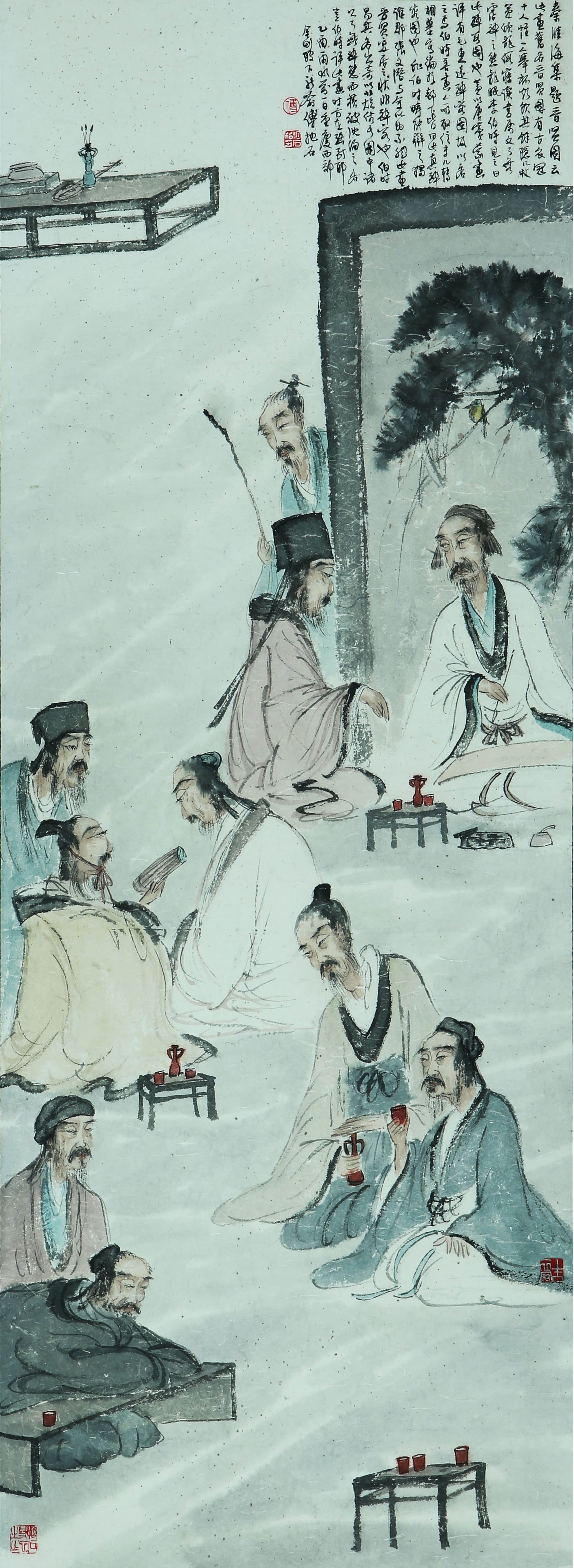 FIGURES, INK AND COLOR ON PAPER, HANGING SCROLL, FU BAOSHI: FIGURES, INK AND COLOR ON PAPER, HANGING SCROLL, FU BAOSHI Dimensions: 132×48.5cm, All measurements are approximate. By Repute?Giuseppe Ros’s private collection Condition: Any condition statement i