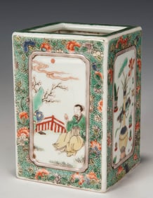 A FAMILLE ROSE ANTIQUITIES BRUSH POT