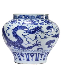 A LARGE BLUE AND WHITE ENTWINED PEONY AND DRAGON JAR