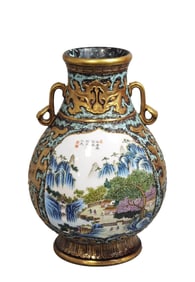AN INSCRIBED IMITATION BRONZE AND GILT-DECORATED LANDSCAPE AND FIGURES VASE, ZUN WITH RUYI-HANDLED