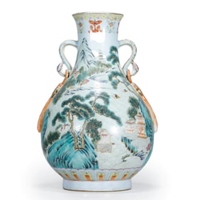 A FAMILLE ROSE LANDSCAPE RUYI-EAR VASE