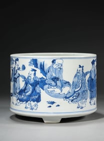 A BLUE AND WHITE EIGHT IMMORTALS TRIPOD INCENSE BURNER