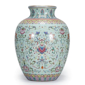 A GREEN GROUND FAMILLE ROSE LOTUS JAR