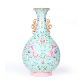 A GREEN-GROUND FAMILLE ROSE CHILONG VASE