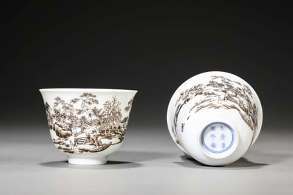 A PAIR OF INK LANDSCAPE AND FIGURES CUPS