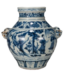 A BLUE AND WHITE FIGURES JAR WITH LUG HANDLES
