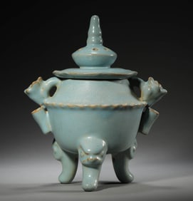 A RU-TYPE SKY-BLUE GLAZED BEAST-FORM LOTUS INCENSE BURNER
