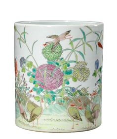 A FAMILLE ROSE BIRD AND FLOWER BRUSH POT