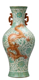 A GREEN-GROUND IRON RED DRAGON DOUBLE EAR VASE