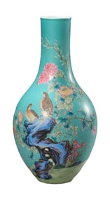 AN INSCRIBED FAMILLE ROSE OLIVE VASE