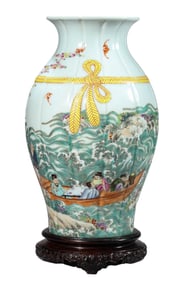 A FAMILLE ROSE LANDSCAPE AND FIGURES SASH-TIED VASE