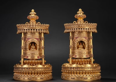 A PAIR OF TIBETAN ROYAL PRAYER WHEELS