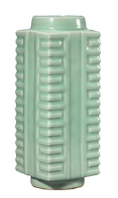 A CELADON-GLAZED CONG-FORM VASE
