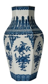 A BLUE AND WHITE FLOWERS AND FRUITS HEXAGONAL VASE