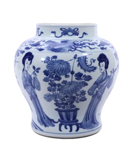 A BLUE AND WHITE FIGURES JAR