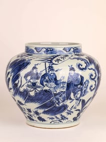 A BLUE AND WHITE FIGURES STORY JAR