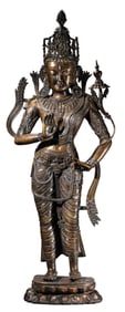 A GILT-BRONZE AND SILVER INLAID COPPER FIGURE OF BODHISATTVA