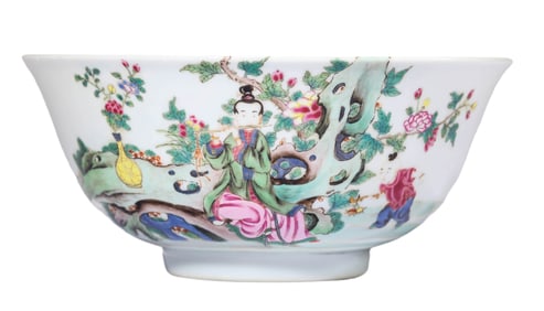 AN INSCRIBED FAMILLE ROSE FIGURES BOWL