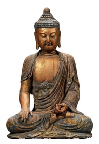 A WOODEN LACQUERED FIGURE OF SEATED SHAKYAMUNI
