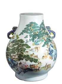 A FAMILLE ROSE DEER RUYI-HANDLED VASE, ZUN
