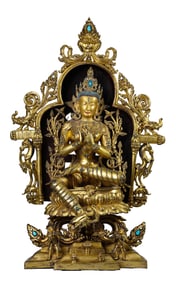 A FIGURE OF SEATED GREEN TARA, TIBETAN