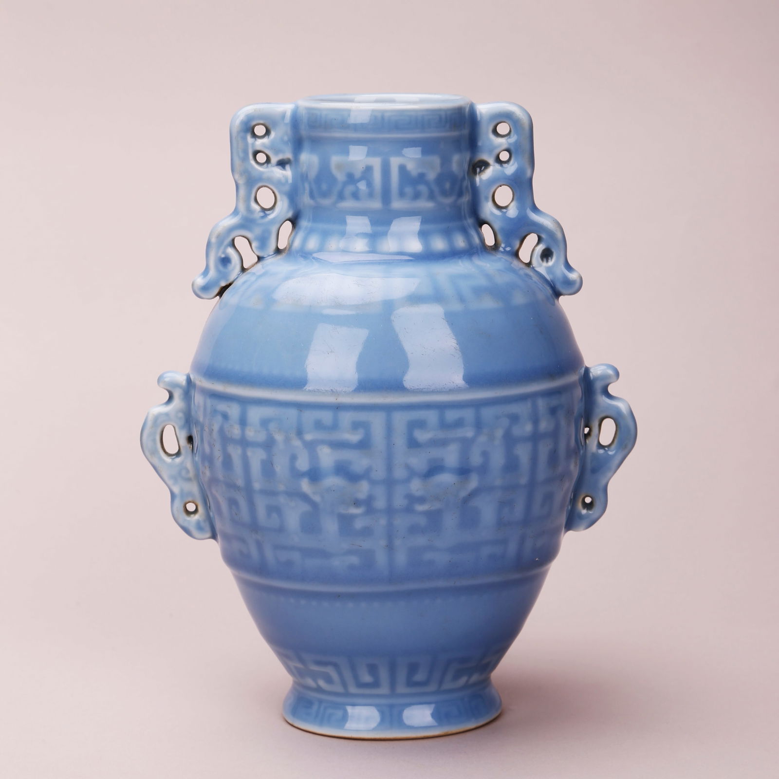 A SKY-BLUE-GLAZED DOUBLE-HANDLED VASE WITH 'RELIEF' DECORATION (1 of 6)