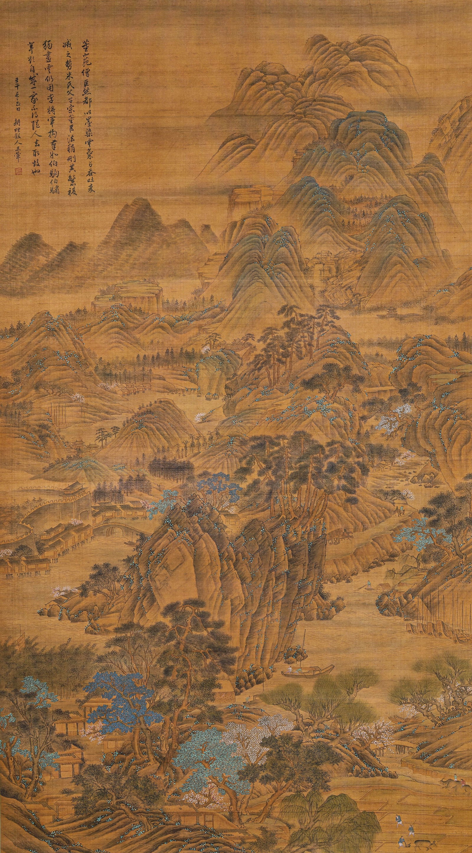 WANG HUI (1632–1717), ATTRIBUTED TO, FIGURES IN LANDSCAPE: WANG HUI (1632–1717), ATTRIBUTED TO, FIGURES IN LANDSCAPE Hanging scroll, ink and color on silk. Dimensions: Width 95 cm, Height 171 cm (37 3/8 × 67 5/16 in.). All measurements are approximate.Cond