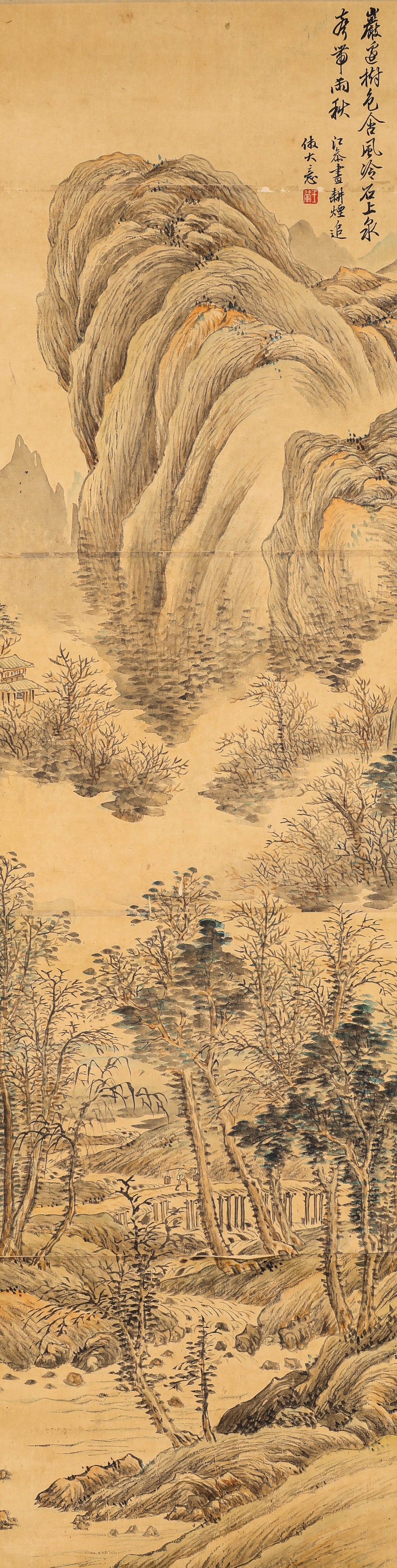 WANG HUI (1632–1717), ATTRIBUTED TO, MOUNTAIN LANDSCAPE: WANG HUI (1632–1717), ATTRIBUTED TO, MOUNTAIN LANDSCAPE Hanging scroll, ink and color on paper. Dimensions: Width 31.5 cm, Height 122 cm (12 3/8 × 48 in.). All measurements are approximate.Conditio