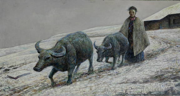 ATTRIBUTED TO LUO ZHONGLI, RETURNING FROM PASTURE: ATTRIBUTED TO LUO ZHONGLI, RETURNING FROM PASTUREOil on canvasDimensions: 80 cm (31.5 in.) x 60 cm (23.62 in.). All measurements are approximate.Condition report: Overall in good condition. Any condit