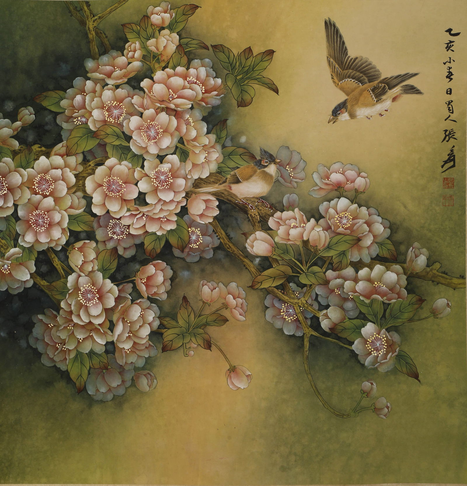 ZHANG DAQIAN (1899-1983), ATTRIBUTED TO, DOUFANG FLOWER BIRDS: ZHANG DAQIAN (1899-1983), ATTRIBUTED TO, DOUFANG FLOWER BIRDS Hangng scroll, ink and color on silk. Mounting and painting have creases, stains and yellow spots. Dimensions: 62 cm (24.4 in.) × 60 cm (