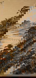 ZHAO WANGYUN, ATTRIBUTD TO, LANDSCAPE: ZHAO WANGYUN, ATTRIBUTD TO, LANDSCAPE Hangng scroll, ink and color on paper. Mounting and painting have creases and stains. Dimensions: 137 cm (53.9 in.) × 67 cm (26.4 in.). All measurements are appr