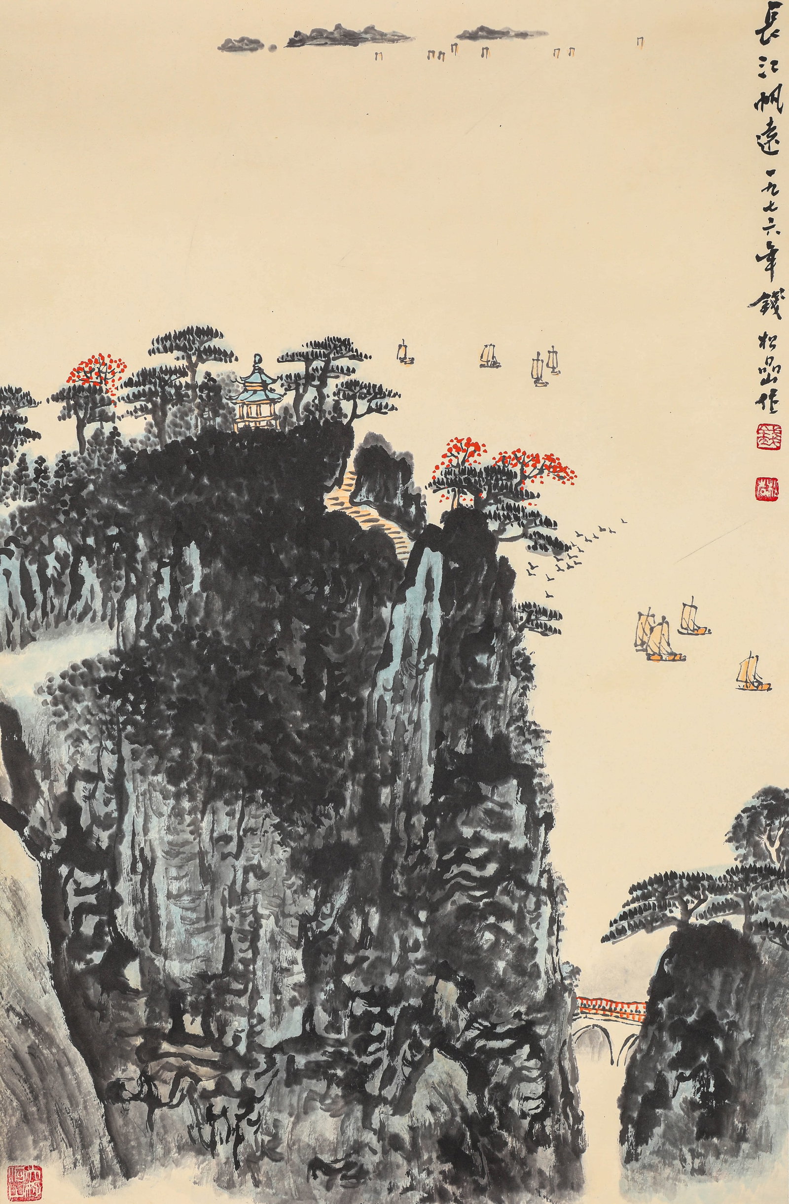 QIAN SONGYAN (C. 1890–1950), ATTRIBUTED TO, SAILS ON THE YANGTZE RIVER: QIAN SONGYAN (C. 1890–1950), ATTRIBUTED TO, SAILS ON THE YANGTZE RIVER Hanging scroll, ink and color on paper. Dimensions: Width 45 cm, Height 68 cm (17 11/16 × 26 3/4 in.). All measurements are ap