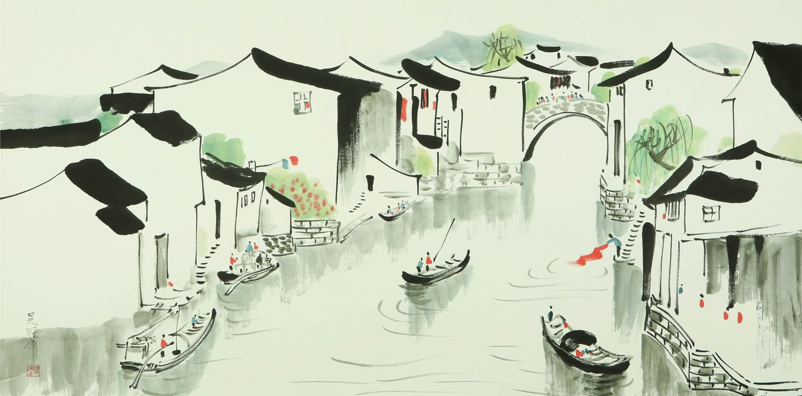WU GUANZHONG (1919–2010), ATTRIBUTED TO, JIANGNAN WATER TOWN: WU GUANZHONG (1919–2010), ATTRIBUTED TO, JIANGNAN WATER TOWN Ink and color on paper, mounted. Dimensions: Width 68 cm, Height 137 cm (26 3/4 × 53 7/8 in.). All measurements are approximate. Conditi